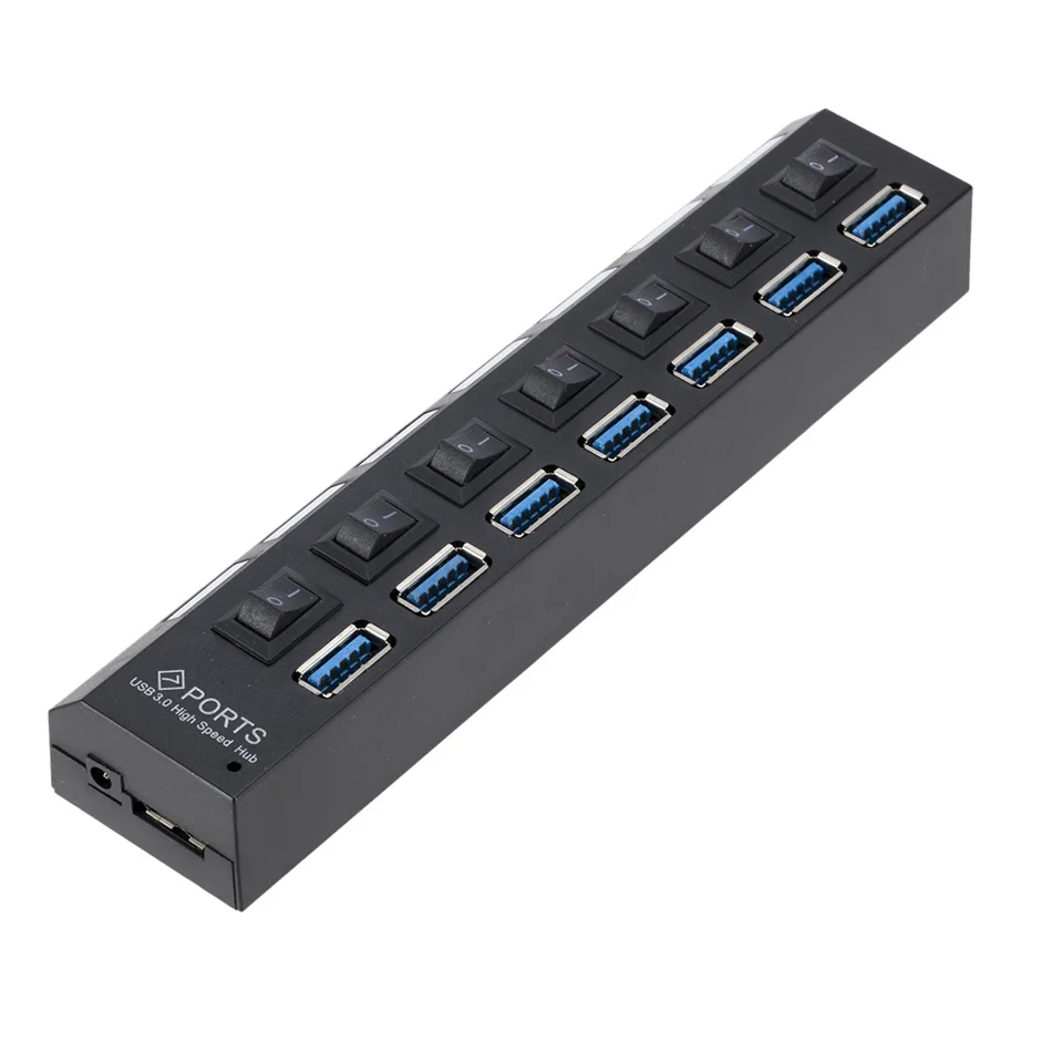7-Port USB 3.0 Hub with Power Adapter and Individual Switches