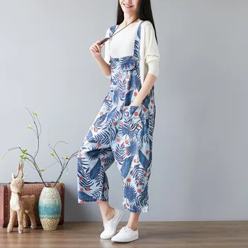 

Lady New Leaf Print Denim Jumpsuit Women Summer Distressed Denim Jumpsuit 2020 Personality Loose Rompers Womens