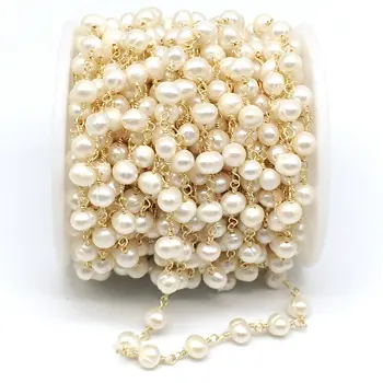 

3-4mm plated Freshwater Pearl Round Beads Rosary Chian ,Copper Brass Wire Wrapped Chian Necklace Wholesale Jewelry 5meter FRS139