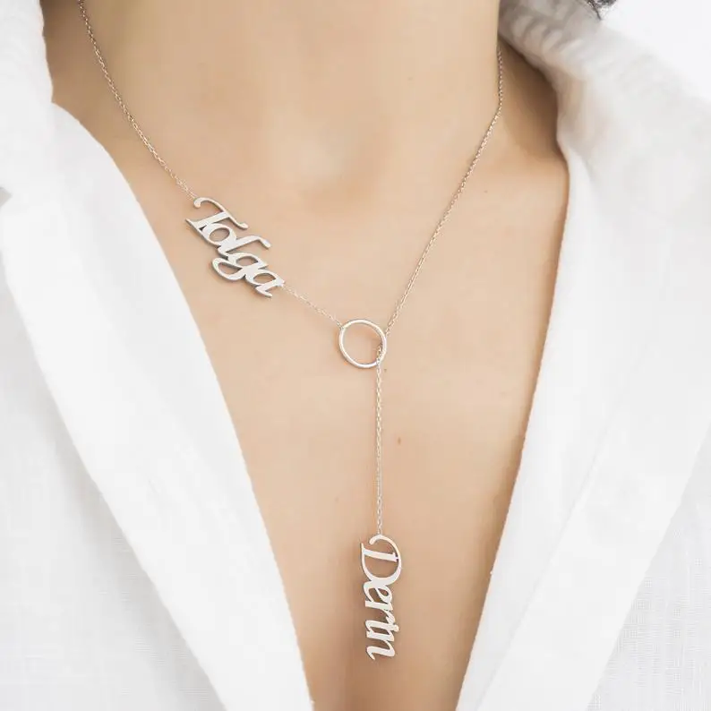 

Personalized Double Names Necklace Personalized Necklace with Two Name, Family Names Jewelry Dangle Name Necklace for Mom