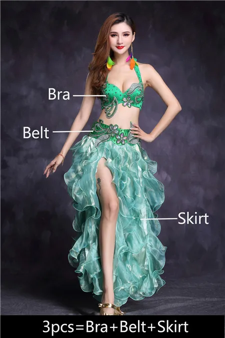 Костюм для танца живота набор для женщин юбка для танца живота Восточный Болливуд для взрослых египетская индийская танцевальная одежда высокого качества - Цвет: Green 3pcs