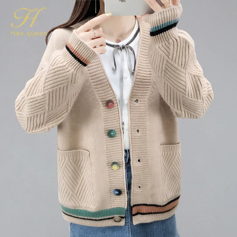 H han queen Single-breasted Jacket Knitted Cardigan Sweater Women Autumn Clothing Sweater Pocket Cardigan for Female Coat - Color: Khaki