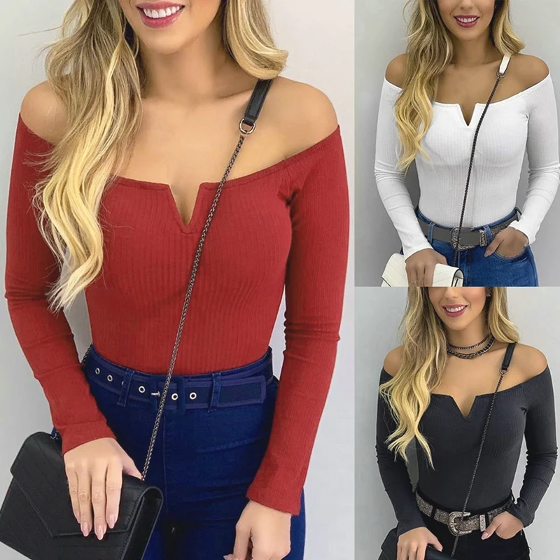 Women's Fashion Sexy One-Line Neck Solid Color Slim Long Sleeve T-Shirt Tops | Женская одежда