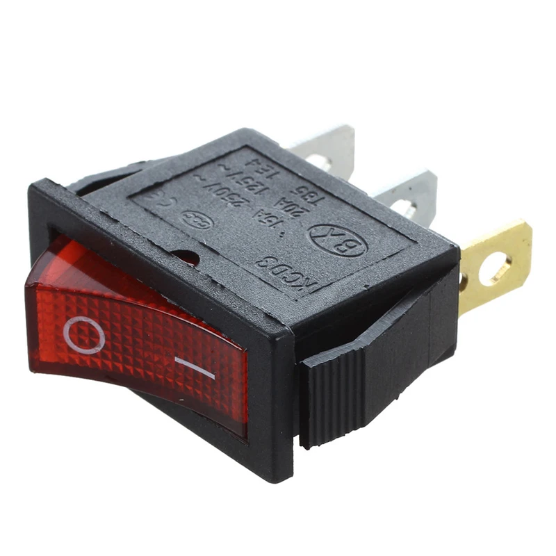 Rocker Switch ON OFF Bright Bipolar 28x10mm 250V 15A 3 Terminals RED