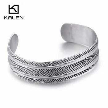 

Vintage Arrow Bracelet & Bangle For Men Stainless Steel 17mm Width Chunky Feather Pattern Open Cuff Bangles Male Jewelry