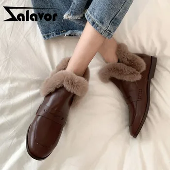 

ZALAVOR Real Leather Women Ankle Boots Plush Flats Slip On Shoes Round Toe Short Warm Winter Boots Party Footwear Size 33-40