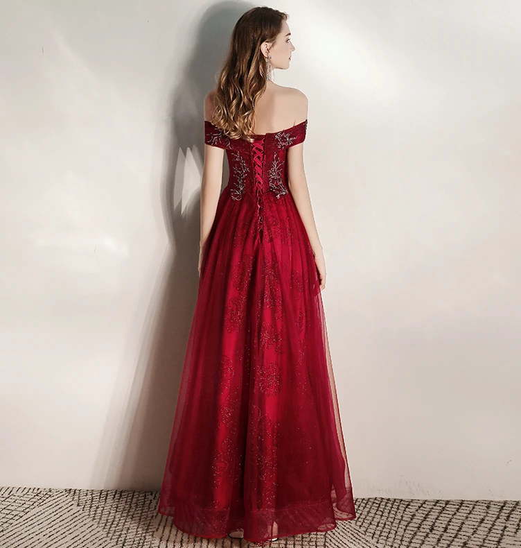 SSYFashion Новое торжественное платье женское элегантное банкетное бордовое с вырезом лодочкой и блестками с аппликацией длинное вечернее платье Vestido De Noche