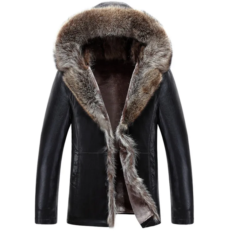 Мужские кожаные куртки и пальто с капюшоном и воротником из меха енота, Повседневная Длинная ветрозащитная куртка для мужчин, новая зимняя утепленная кожаная куртка - Цвет: 1