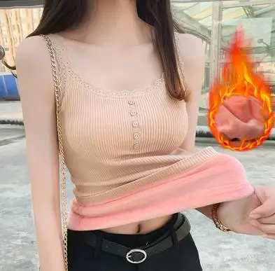 apricot Женские кружевные лоскутные майки на осень и зиму, теплые плотные бархатные Топики, женские тонкие майки без рукавов на пуговицах, нижнее белье, топы AB1710 - Цвет: apricot