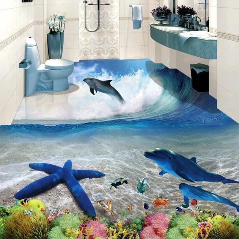 Custom Self-Adhesive Floor Mural Wallpaper Modern Underwater World Bathroom Living Room Floor Waterproof Sticker 3D Floor Tiles beibehang rooms living dolphin boy tv background wallpaper murals silk cloth cartoon underwater world wallpaper papel de parede