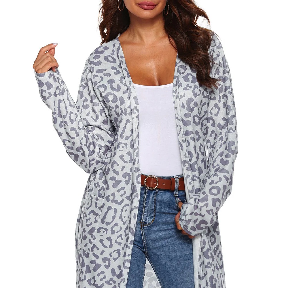 Женский вязаный длинный кардиган с леопардовым принтом, свитер, пальто для женщин, осенний свитер, женская верхняя одежда, модный кардиган Feminino