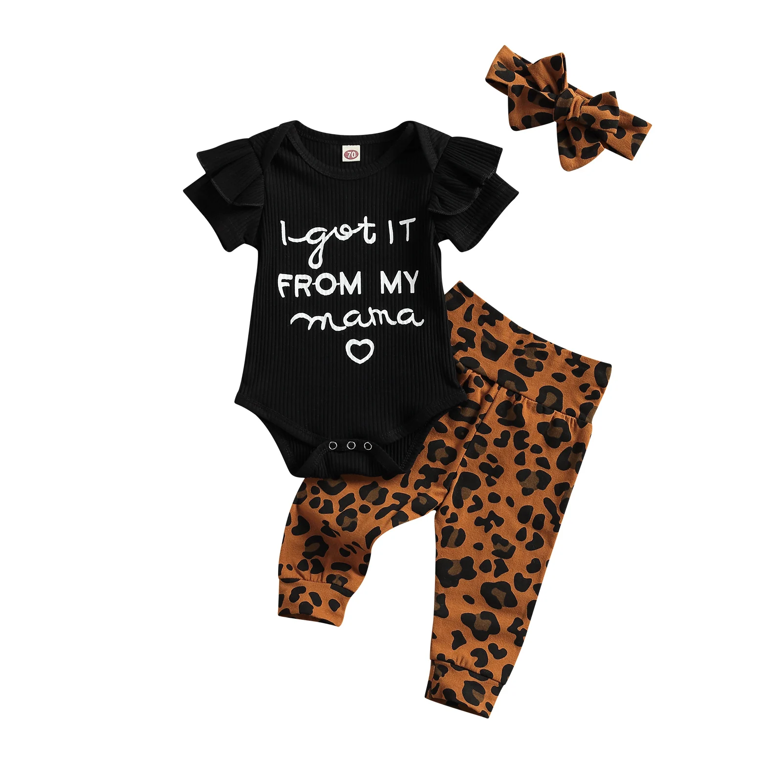 0-18M Newborn Toddler Girls 3 Pcs Outfits Suits Short Sleeve Letter Printed Romper Tops + Leopard Long Pant Headband Sunsuit | Мать и