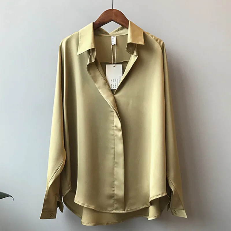 [EWQ] Повседневная блузка с длинными рукавами и воротником-стойкой, топ, Новинка осени, Корейская свободная однотонная атласная блузка QK49201S
