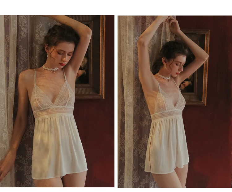Черный, белый цвет сексуальные пижамы Ice Silk(искусственное волокно Лето Высокое Разделение прозрачный Для женщин сна костюм футболка с шортами и ремешками через подъем, декорированные кружевом и бисером, одежда для сна, одежда для сна