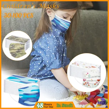 

30-100PCS Breathable Children Personal Health Care Spunlace Printed face mask fashion Wegwerp Ear Loop Mond Masker Non-reusable