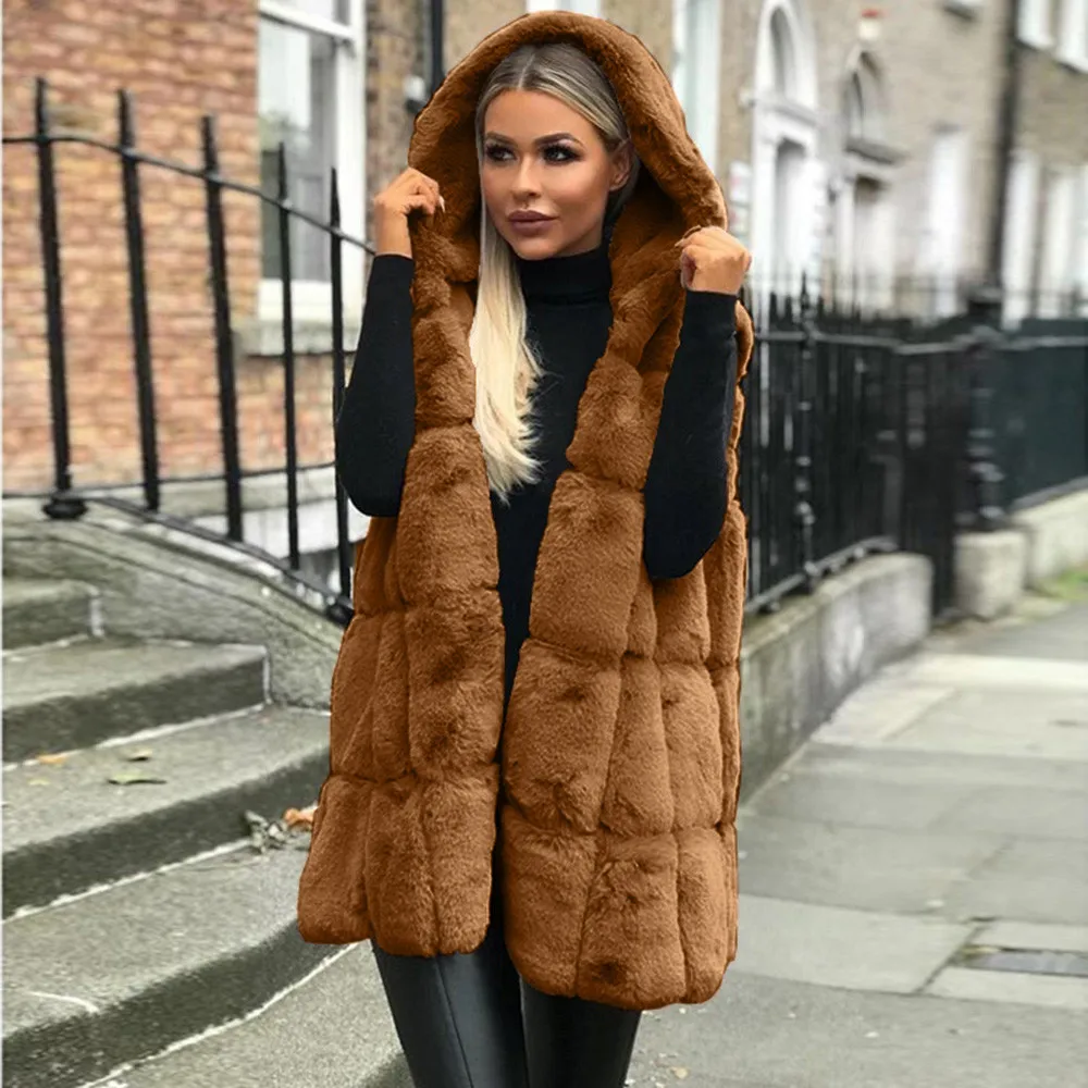 Женское пальто без рукавов с капюшоном, одноцветное пальто размера плюс, теплое длинное шерстяное пальто