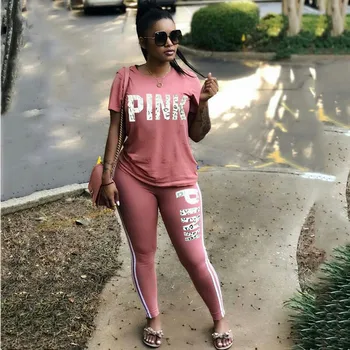 

RAISEVERN PINK Letter Print Tracksuits Women Two Piece Set Spring Street t-shirt Tops and Jogger Set Suits Casual 2pcs Outfits