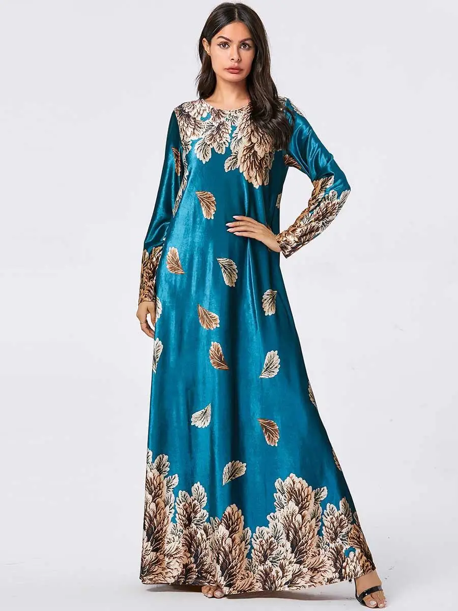 Винтажное Цветочное платье abaya из бархата jilbaw мусульманское женское длинное Макси платье кафтан халат платье с круглым вырезом с длинным рукавом напечатано арабское модное