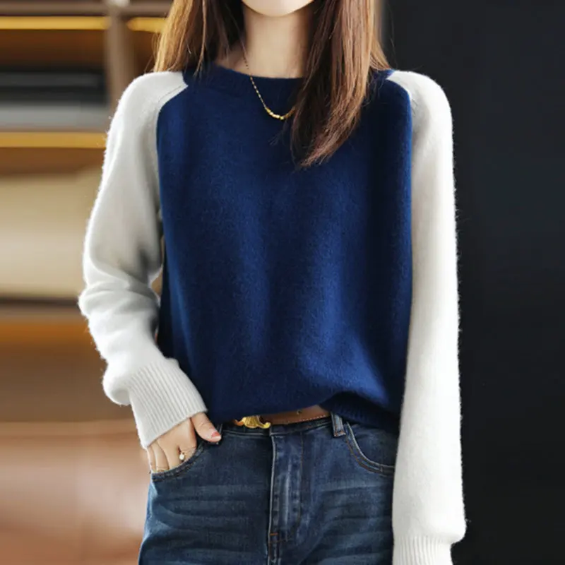 

Cashmere Pullover Sweater Women Patchwork Contrast Color Wool Casual Loose Tops Female O-neck Long Sleeve Sweaters Plus Size