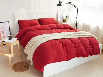 

3/4pc 100% cotton jersey knit bedding sets solid color bed linen bright red duvet cover fitted bed sheet pillowcases single king
