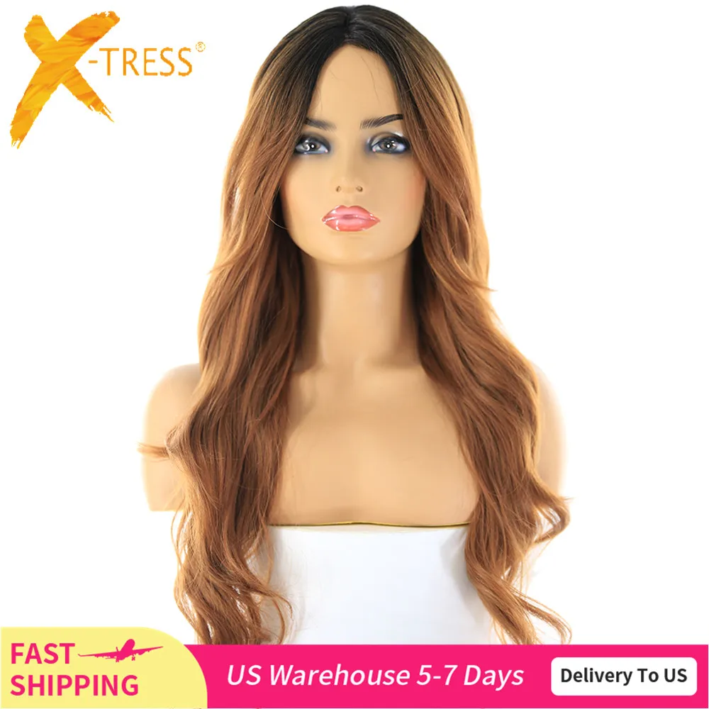 

Ombre Brown Color Synthetic Hair Wigs With Bangs For Black Women Heat Resistant Fiber X-TRESS Long Wavy Lace Part Wig Side Part