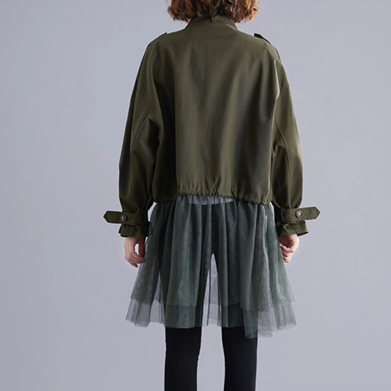 incredible  [EWQ] 2020 Spring Autumn Stand Collar Long Sleeve Solid Patchwork Pockets Mesh Large Size Vintage C
