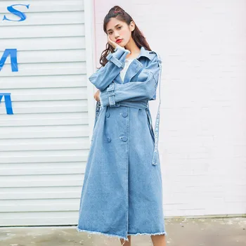 

Spring Autumn Women's Long Loose Letter Print Waist belt Denim Trench Coat Outerwear Plus Size Double-Breasted Windbreaker coats