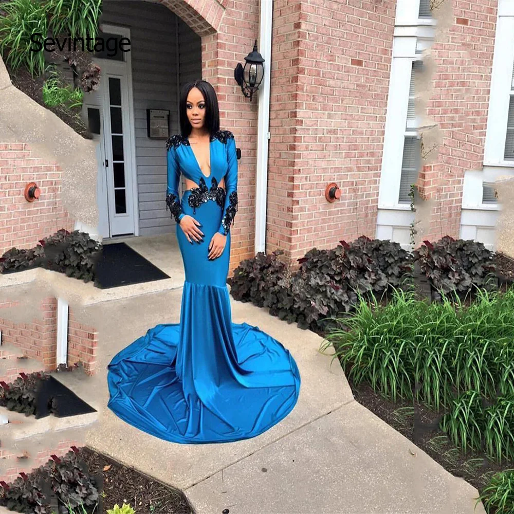 

Sevintage robe de soiree Sexy Mermaid Deep V Neck Evening Dresses Long Sleeves Beadings Prom Dress with Train