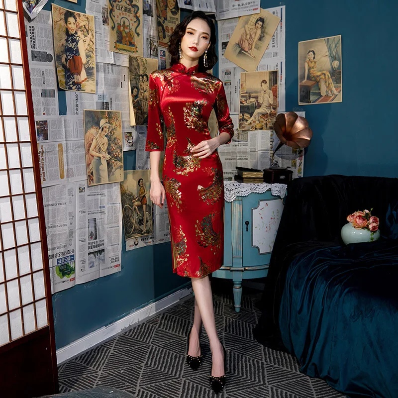 Sheng Coco 5xl плюс Размер Павлин бархат Cheongsam современное платье ретро в китайском стиле длинный рукав женщины китайские свадебные платья
