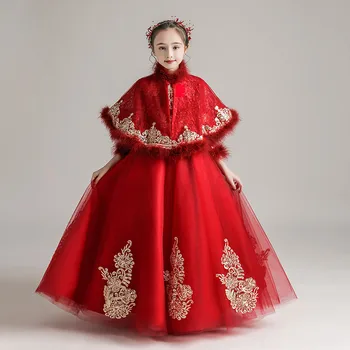 

2020Autumn Winter Children Girls Luxury New Chinese Style Embroidery Lace New Year Festivals Birthday Party Princess Prom Dress