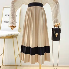 Новое поступление, Женская плиссированная юбка с принтом в полоску, короткая плиссированная юбка с высокой талией, женская юбка, трапециевидная юбка до середины икры