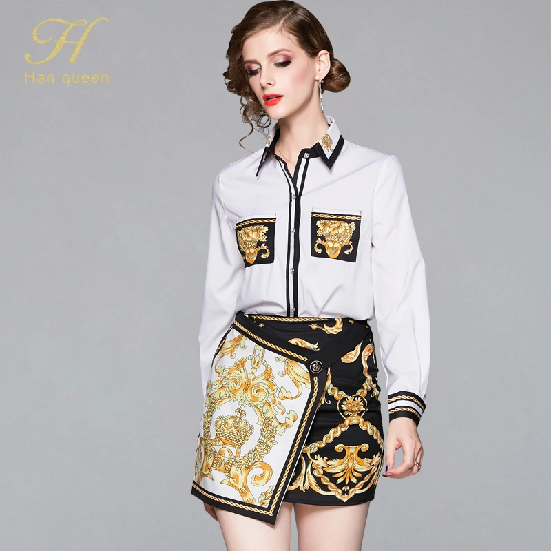

H Han Queen 2019 Autumn Europe New Vintage Printing Skirt Suits Long Sleeve Chiffon Top & Irregular Skirt OL 2 Pieces Set Women