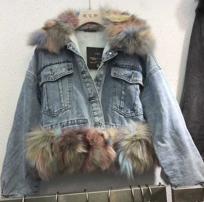 Джинсовая куртка из натурального Лисьего меха, женская зимняя куртка, Женская куртка, пальто, зимнее теплое пальто, Femme