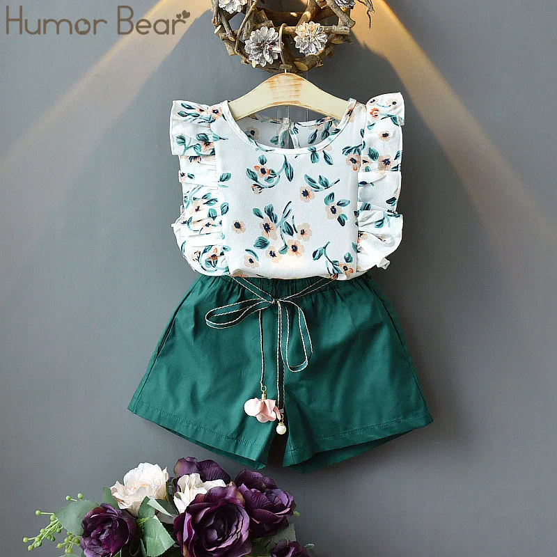 green BZ336D Humor Bear Girls Clothing Set Summer New Cute Flowers Flying sleeves T-shirt+ Shorts Kids Suit Toddler Baby Girls Clothes - Цвет: green BZ336D