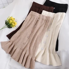 В Корейском стиле; юбка с рюшами Осенне-зимняя Дамская обувь шик с эластичной резинкой на талии на пуговицах вязаная юбка милый с высокой талией, с круглым вырезом, длиной до колена юбка-годе