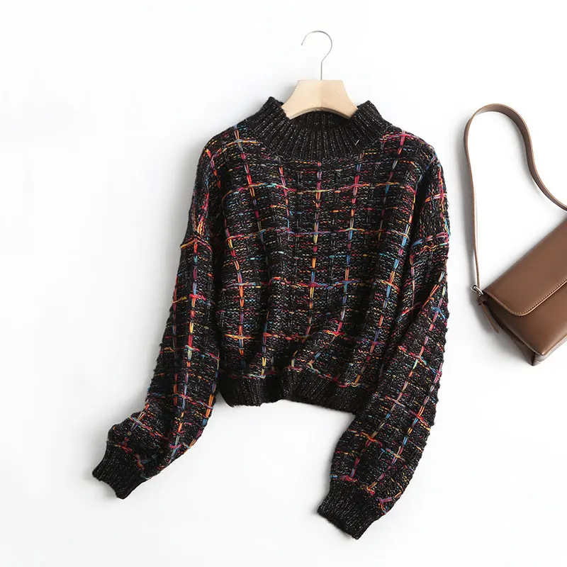 

2020 Winter Plaid Sweater Women Fall Autumn Casual Knitted Sweaters Girl Checkered Lantern Sleeve Elegant Pullovers Sweater