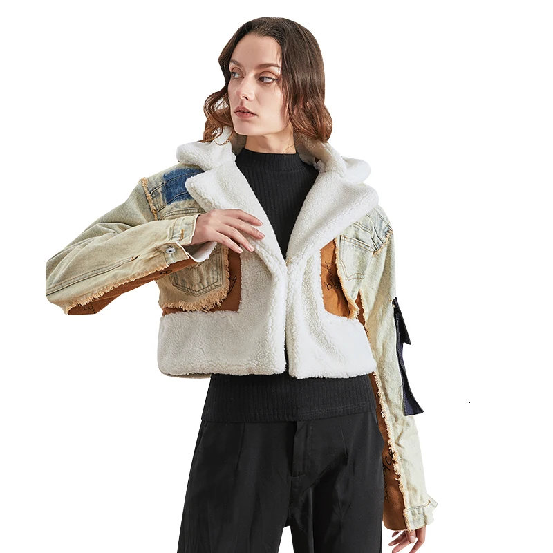 扣白.jpg TWOTWINSTYLE Patchwork Hit Color Denim Jacket Women Lapel Collar Long Sleeve Pocket Irregular Coats Female Fashion 2020 Clothing