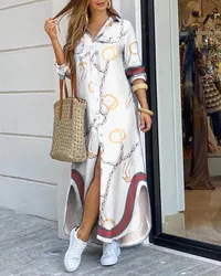 Moda feminina camisa estilo botão vestido senhoras casual longo vestido de rua tamanho grande solto casa commuter vestido de impressão