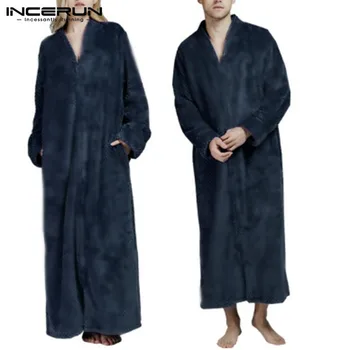 

INCERUN Flannel Robes Fashion Men Long Sleeve Nightgown Solid Warm Cozy V Neck Bathrobe Winter Ladies Coral Fleece Dressing Gown