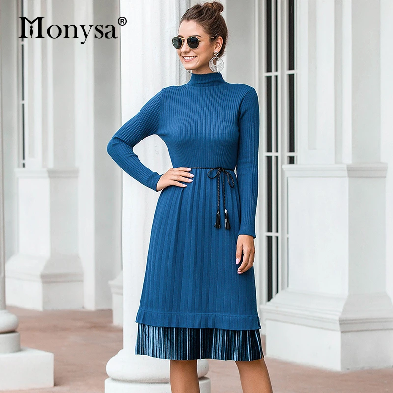 Casual Pleated Sweater Dress Autumn 