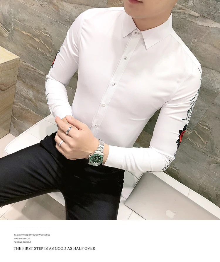 Рубашка с цветочной вышивкой, рубашка Camisa hombre, одежда для мужчин, Клубные вечерние свадебные рубашки, Мужская сорочка Homme Camisa Masculina, мужская рубашка с длинными рукавами