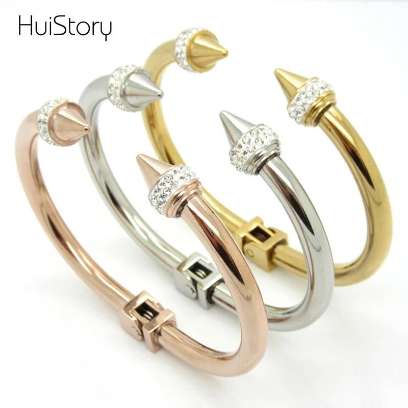

HUISTORY Crystal Cuff Bracelet Punk Wind Rivet Conical Pointed Titanium Steel Bracelet Bangle Brand Design