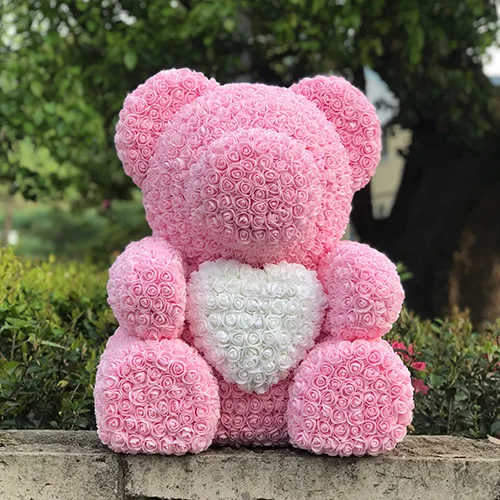 Большой размер 70 см/60 см розовый медведь с сердцем, Подарочная коробка, плюшевый медведь, искусственный цветок из пены, медведь, подарок на день Святого Валентина, свадебное украшение - Цвет: light pink