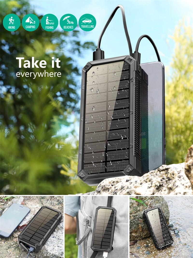 charmast Solar Power Bank 30000mAh Waterproof Portable Solar Charger Mobile Phone External Battery Charger Powerbank with Camping Light small power bank