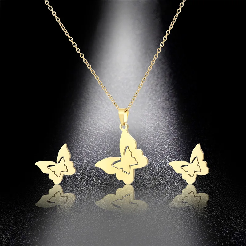 

Stainless Steel butterfly Earrings Necklace Set For Women Simplicity Pendant Necklace Clavicle Chain Jewelery Party Fashion Gift