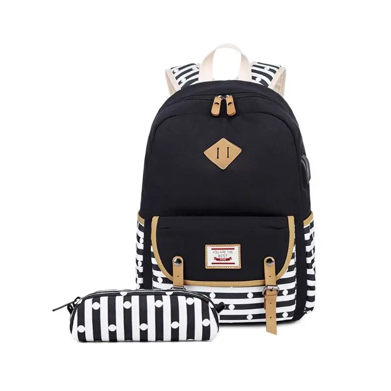 2pcs Canvas School Backpack with USB Charging Port Laptop Daypack Schoolbag Bookbag Pencil Case Set for Teenage Women Girls - Цвет: Черный