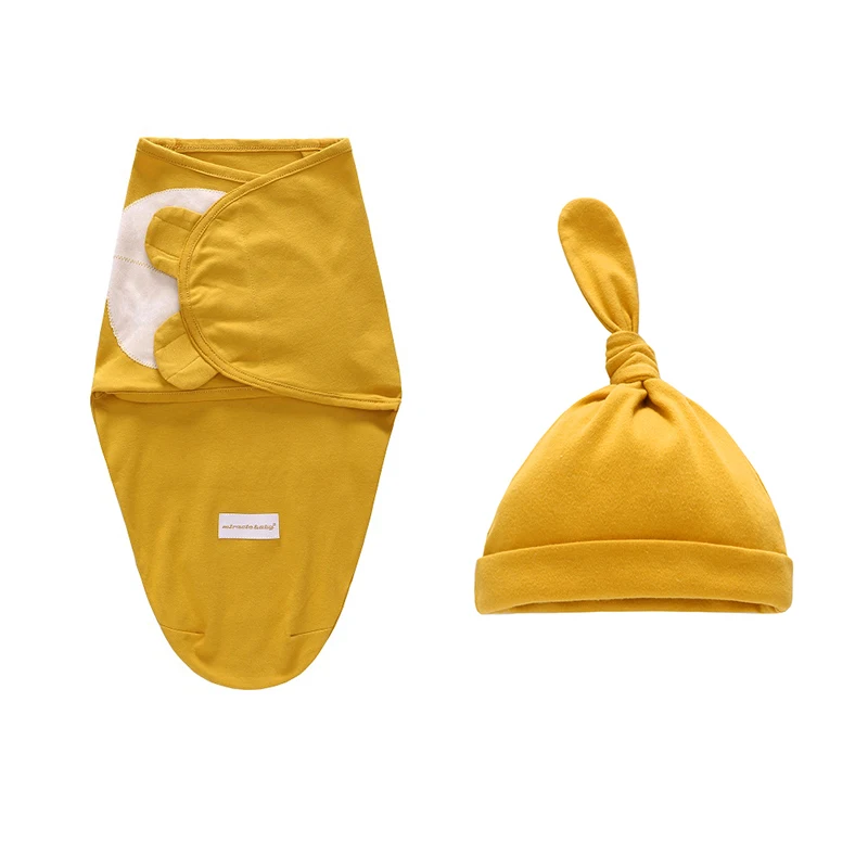 YELLOW L Комплект из 2 предметов, пеленка для новорожденных+ шапочка, хлопковое детское одеяло, постельные принадлежности, милый спальный мешок для младенцев 0-6 месяцев - Цвет: YELLOW L