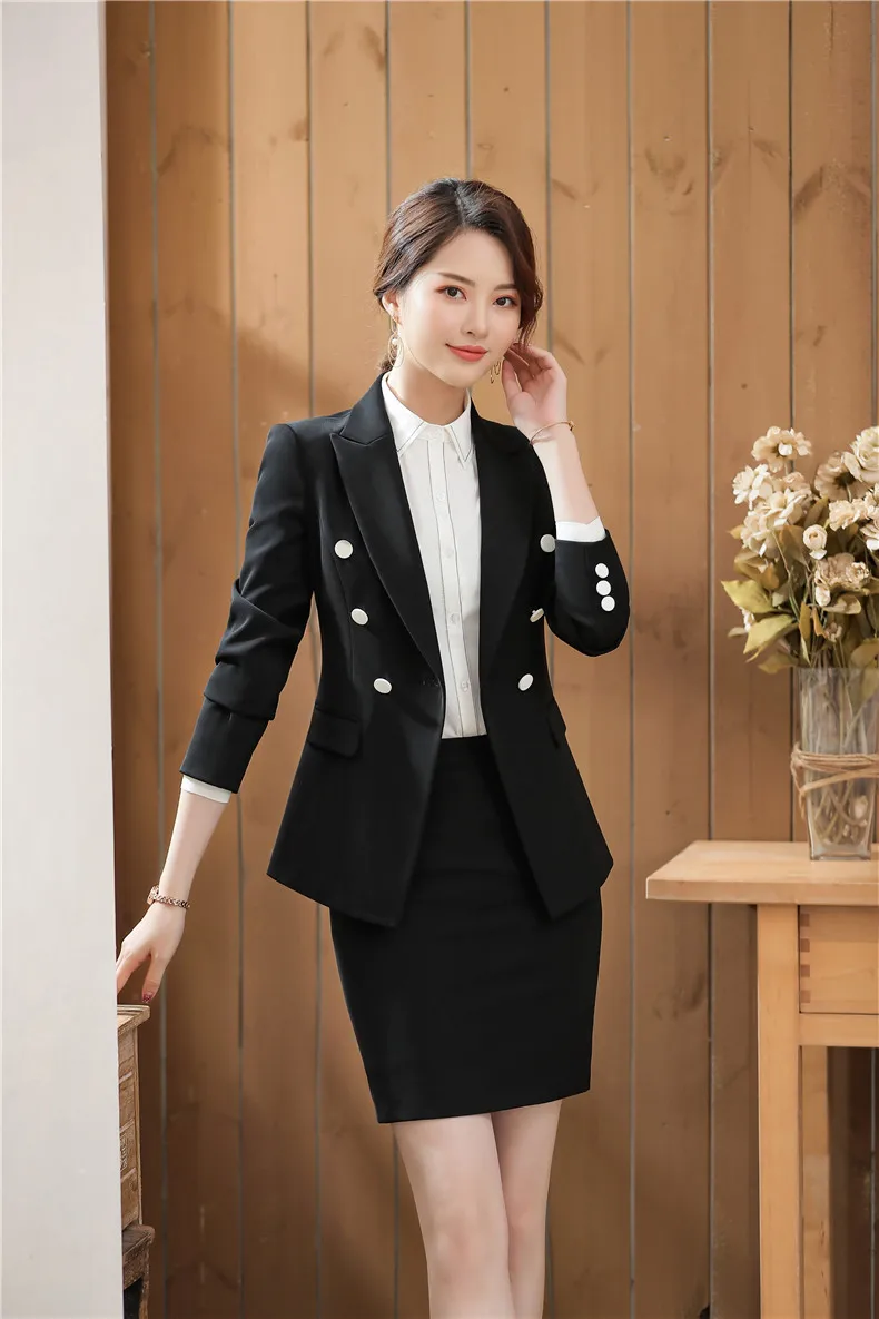 black coat and skirt IZICFLY Новинка весна осень Синие Деловые брюки костюм Женская рабочая одежда женские костюмы офисные элегантные деловые Брюки Костюм 4XL - Цвет: black coat and skirt