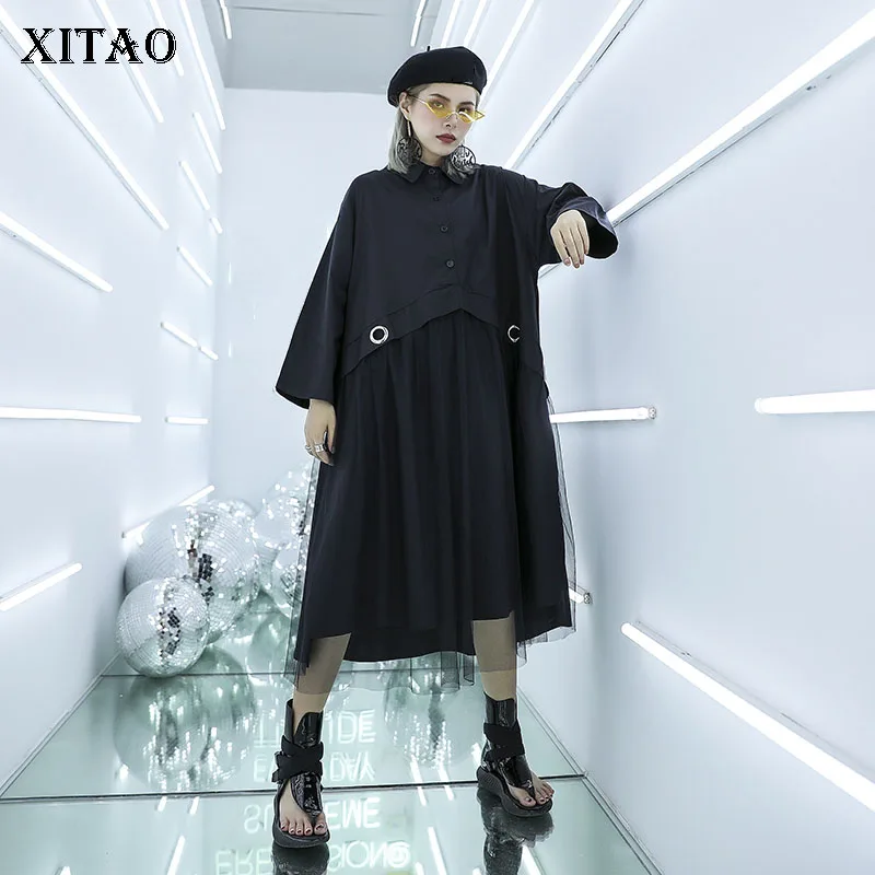 

XITAO Leisure Patchwork Mesh Plus Size Dress Women Loose Big Size Single Breasted Turn Down Midi Dress 2019 Autumn New WQR1369