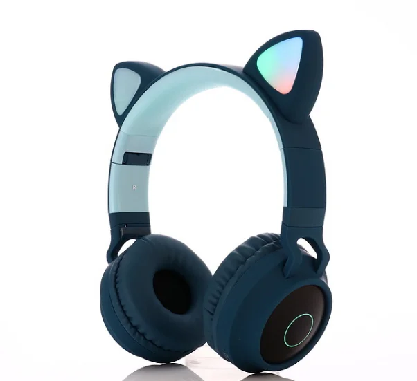 Светодиодный Bluetooth наушники с кошачьими ушками для девочек, детские наушники с Bluetooth 5,0, мигающие 3 светящиеся стерео наушники с микрофоном и оригинальной коробкой - Цвет: blue